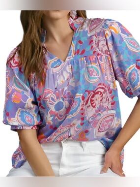 Umgee Lavender Multi Floral Paisley Ruffle-Neck Short Puff Sleeves Blouse Size:L